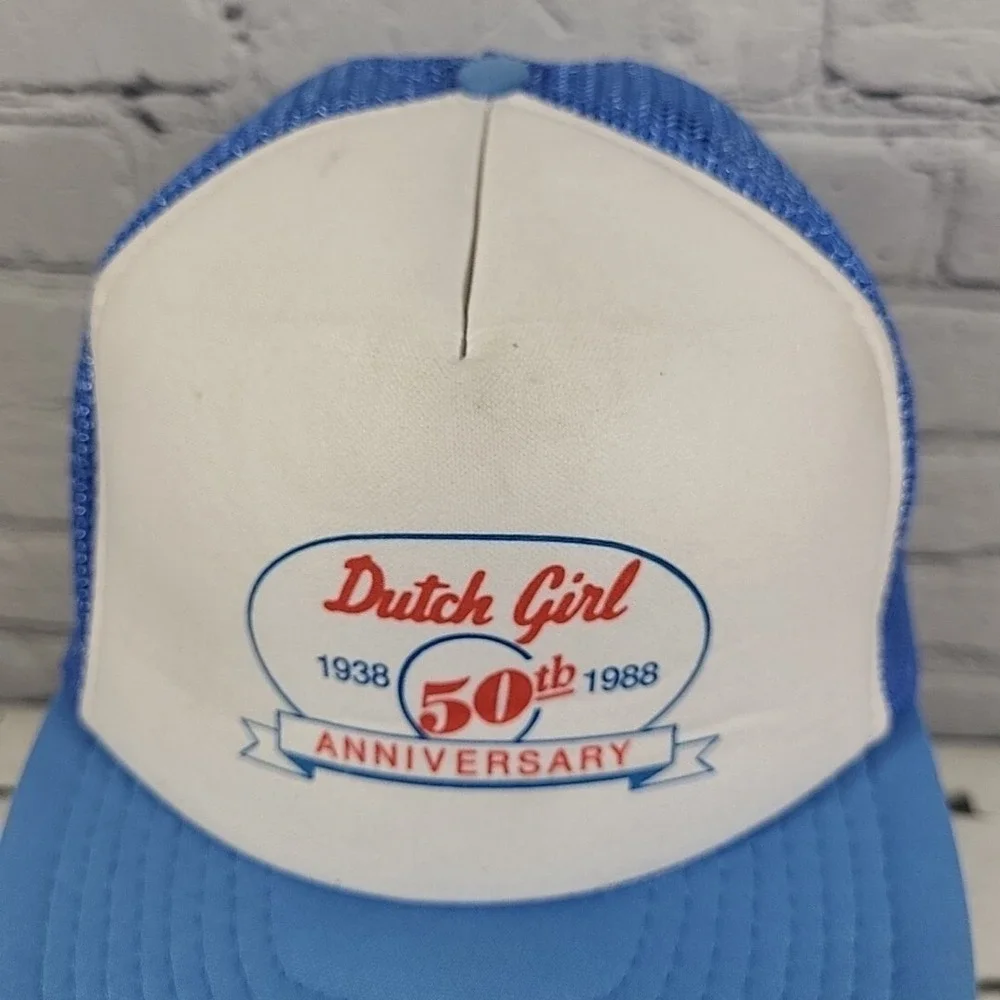 Vintage 80s Trucker Hat Dutch Girl Anniversary Blue Mesh‎ Snapback Otto Ball Cap